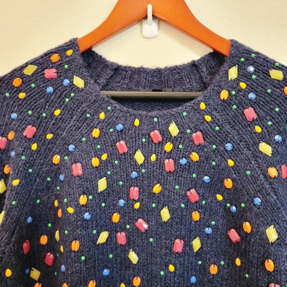 J Crew Blue Embellished Alpaca Wool Blend Crewneck Holiday Sweater Women L Chic - Picture 6 of 16